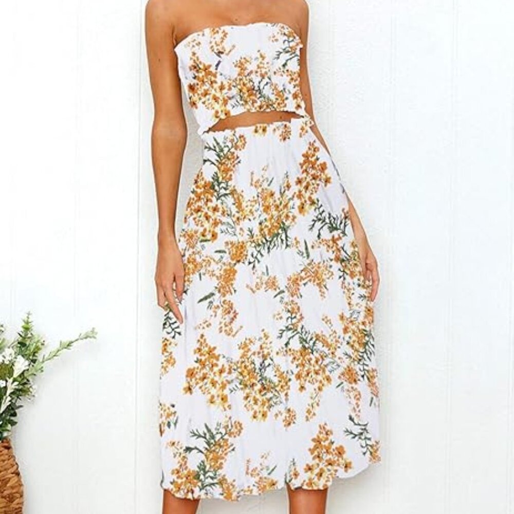 Angashion Women's Floral Crop Top Maxi Skirts Set 2 Piece Outfit Dress